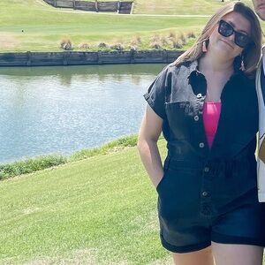 Altar'd State Black Short Sleeve Denim Romper with Pink Tank Layer